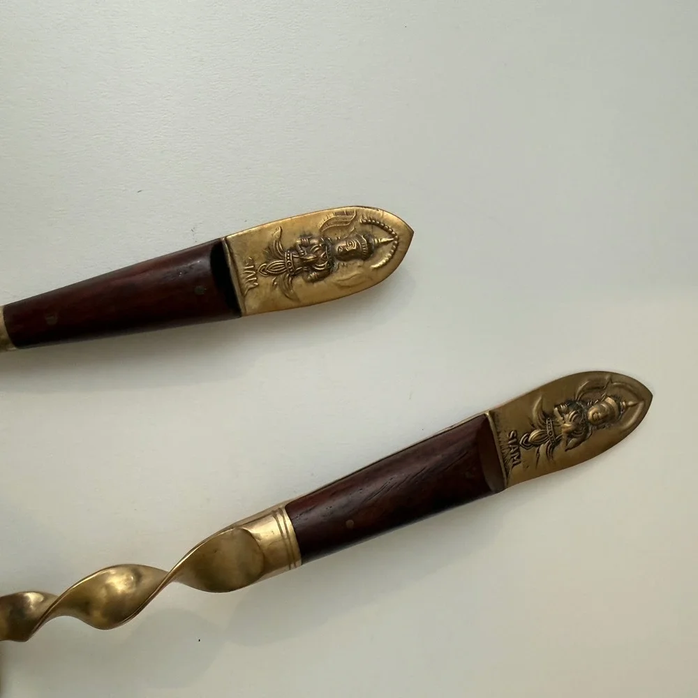 Vintage Siam Brass‎ Wood Salad Serving Set Thai Goddess Twisted Fork Spoon 2pc